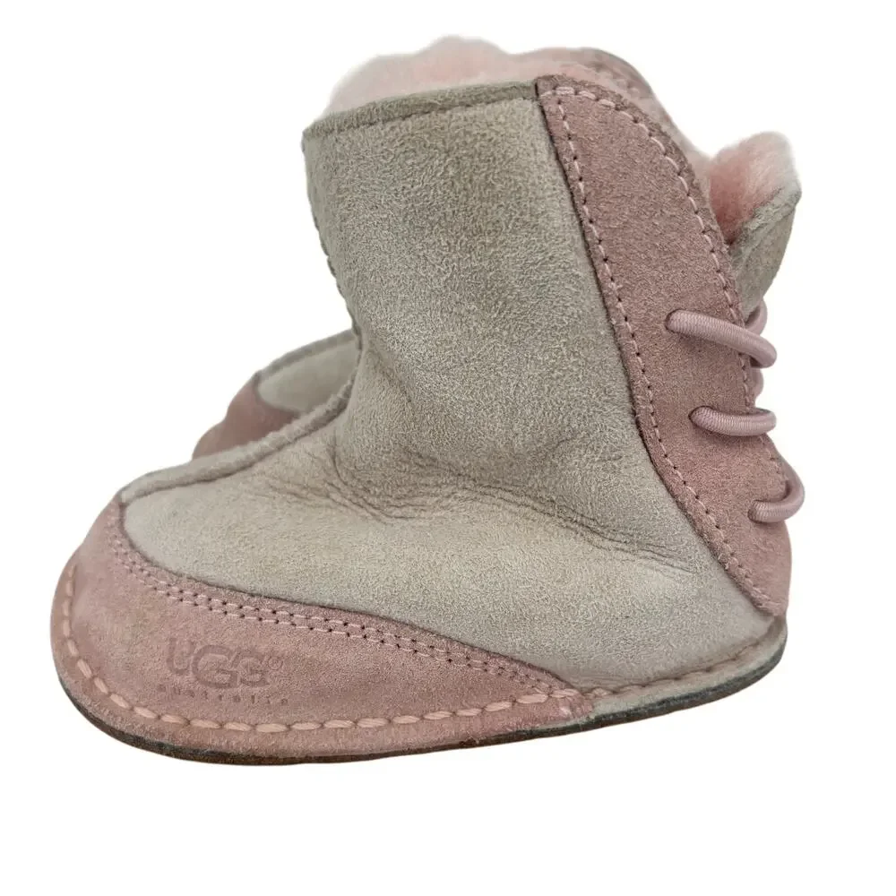 UGG Boo Boot Infant Size S Pink Cream Leather Sheepskin Lined Pull On Bootie